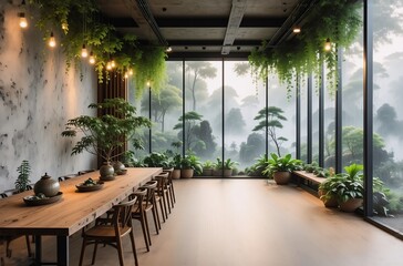 Poster - Serene indoor space with large windows overlooking a misty forest.  A long wooden table sits amidst lush potted plants, creating a tranquil atmosphere.