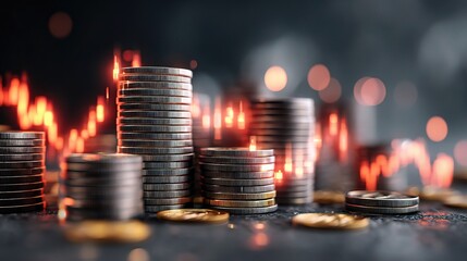 Poster - Abstract Stacks of Coins with Forex Line Overlays and Financial Theme