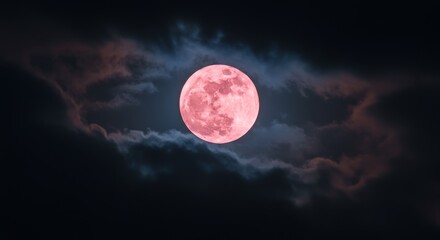Wall Mural - pink moon night sky - a stunning full pink moon shines brightly through dark, dramatic clouds in the