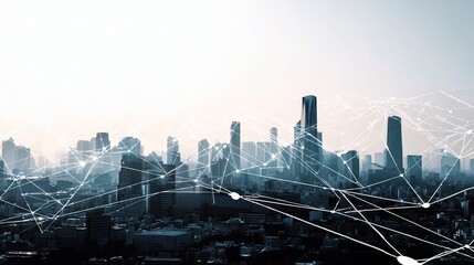 Poster - Double Exposure of City Skyline with Global Business Connections
