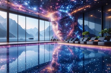 Aufkleber - A serene indoor pool reflects a cosmic face, overlaid on a stunning lake and mountain view.  The celestial design creates a tranquil, otherworldly atmosphere.