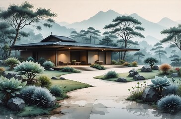 Poster - Serene landscape painting depicts a modern, minimalist house nestled in a misty mountain valley.  A winding path leads to the home, surrounded by lush, meticulously landscaped gardens.