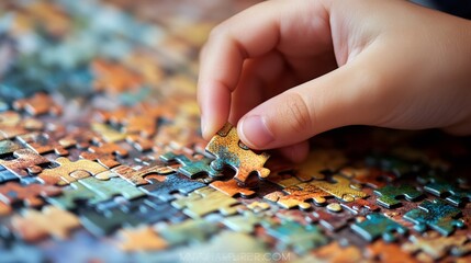 Poster - Close up of a child's hand placing the last piece of a colorful jigsaw puzzle, completing the image and demonstrating problem solving skills in a playful setting