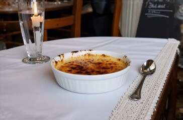 Poster - A delectable creme brulee, its caramelized sugar crust glistening, sits on a pristine white tablecloth in a cozy restaurant setting, accompanied by a spoon and a flickering candle.