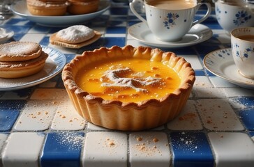 Poster - A delectable custard tart, dusted with powdered sugar, sits on a blue and white checkered table, surrounded by other pastries and cups of coffee.  The scene is warm and inviting, perfect for an aftern