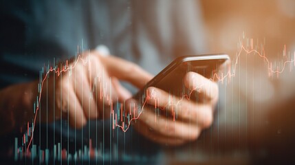 Poster - Double Exposure of Hands Holding Smartphone with Financial Data Overlay