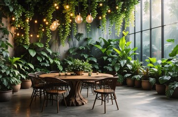 Poster - A lush indoor garden room features a large wooden table surrounded by chairs, potted plants, and hanging lights. The ambiance is serene and inviting, perfect for relaxation or dining.