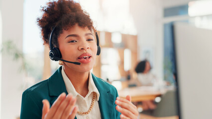 Aufkleber - Call centre, consultation and woman with headset, computer and pitching service to contact for lead generation. Telemarketing, representative and person with tech for sales, communication and office