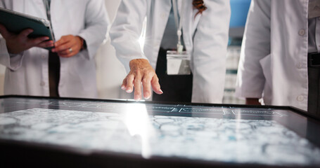 Leinwandbilder - Scientist, people and hands with screen for research review, medical lab and innovation. Computer table, interactive display and clinical analysis for science data study, teamwork or results meeting