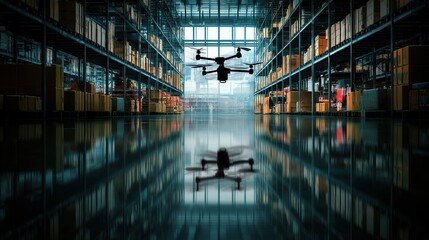 Poster - Realistic Silhouette of Drone in Warehouse with Reflective Floor