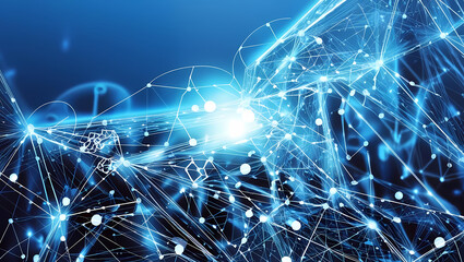 Wall Mural - abstract technology background with glowing blue connections and light bursts.
