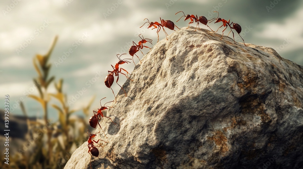 Teamwork demonstrated by ants climbing over a large rock formation ...