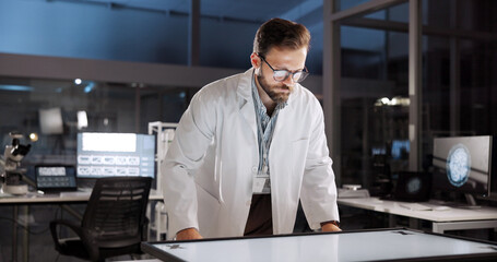 Poster - Scientist, man and mockup with screen for study review, medical research or innovation. Computer table, interactive display and clinical analysis for biotech science data, laboratory and results