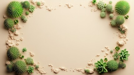 Poster - Cacti and succulents create a lively border against a sandy backdrop, showcasing their varying shapes and textures in bright afternoon light, perfect for design needs