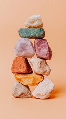 Poster - A striking arrangement of colorful stones stacked artistically against a warm orange backdrop highlights their diverse textures and hues, perfect for creative projects