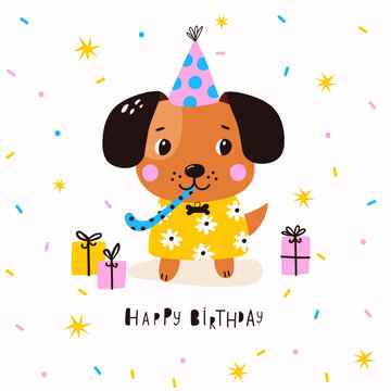Happy Birthday Card with cute dog. Vector ilustrations 