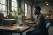 © kineter_ai - Young Black Man Running an Eco-Conscious Online Business, Managing Sustainable Product Orders and Preparing Environmentally Friendly Shipments in a Bright Industrial Studio