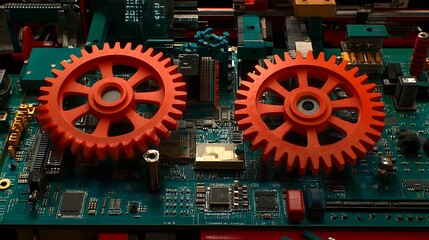 Aufkleber - Vibrant Orange Gears on Teal Circuit Board