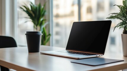 Poster - A sleek and minimalist office desk setup with a laptop, coffee cup, and productivity planner