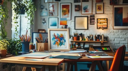Poster - A small business office with a creative workspace, featuring art supplies and inspirational quotes