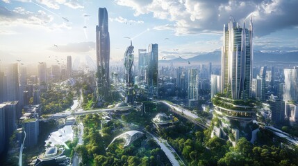 Poster - A smart city futuristic design with energy-efficient skyscrapers, AI-driven transport, and a hyper-connected urban network.