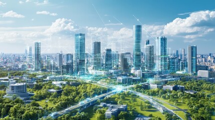 Poster - A smart city futuristic design with energy-efficient skyscrapers, AI-driven transport, and a hyper-connected urban network.
