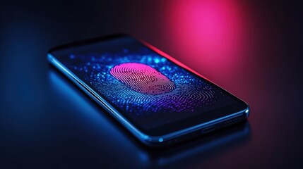 Poster - A smartphone screen displaying biometric authentication, with a glowing fingerprint scanner effect.