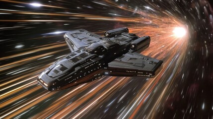 Wall Mural - a spacecraft traveling at high speed through a wormhole, surrounded by dazzling light streaks.