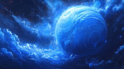 Wall Mural - a spectacular scene of neptune, its deep blue atmosphere highlighted by swirling white clouds.