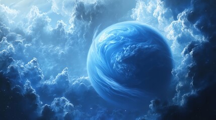 Wall Mural - a spectacular scene of neptune, its deep blue atmosphere highlighted by swirling white clouds.