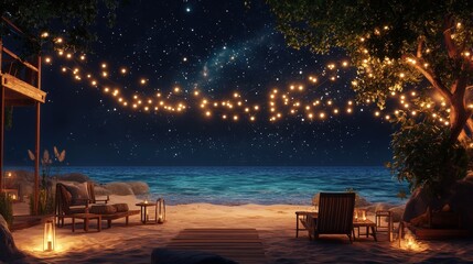 Poster - A starry summer night background with twinkling lights, a gentle sea breeze, and cozy beachside seating