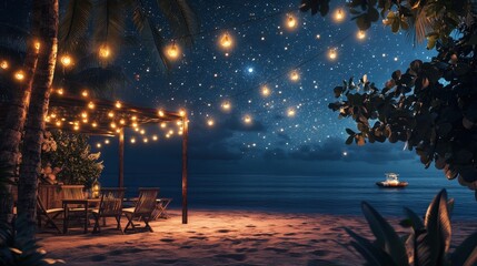 Poster - A starry summer night background with twinkling lights, a gentle sea breeze, and cozy beachside seating