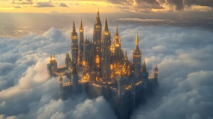 Wall Mural - a stunning 3d-rendered fantasy castle floating above the clouds with golden spires and magical energ