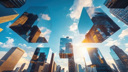 Poster - A stunning abstract architectural skyline featuring floating cubic towers and mirrored surfaces.