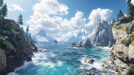 Wall Mural - a stunning summer coastline with towering cliffs, hidden coves, and powerful waves crashing against 
