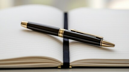 Poster - A stylish pen resting on a notebook, elegantly placed on a white background.
