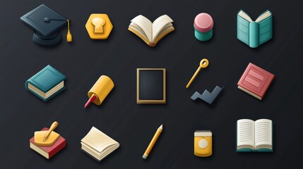 Poster - A stylish set of education icons, including a book, graduation cap, chalkboard, and pencil, in a professional vector format.