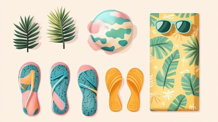 Poster - A stylish summer set of elements including trendy sunglasses, flip-flops, and a beach towel with a fun pattern.