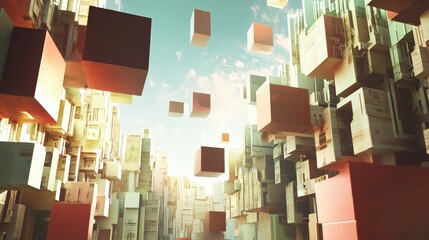 Poster - A surreal abstract cityscape with impossible geometric structures floating in mid-air