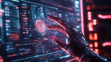 Poster - A tech-themed abstract design showcasing cybernetic hands interacting with a holographic interface