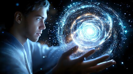 Poster - Young Caucasian man in profile holding glowing spiral galaxy, cosmic energy visualization with stars and nebula effects against dark background. Futuristic concept.