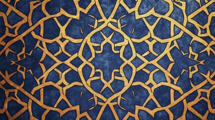 Poster - A traditional Islamic geometric pattern featuring intricate interwoven shapes in a deep blue and gold palette