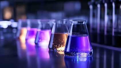Poster - Laboratory glassware with colorful liquid chemicals in flasks glowing with vibrant purple and pink hues against dark background, scientific research concept.
