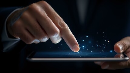 Poster - male hands touching digital tablet screen with glowing blue particles effect, demonstrating modern t