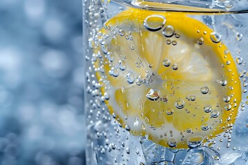 Poster - Fresh lemon slice in sparkling water with bubbles against blue background, macro photography showing crystal clear droplets and citrus detail.