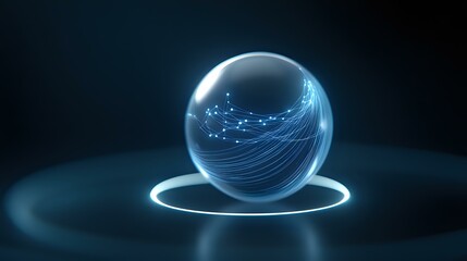 Poster - glowing sphere with luminous blue network connections floating above illuminated platform against da