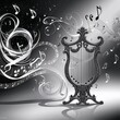 © Zanna Beke - black and white abstract background music art floral notes design pattern vector illustration decoration ornament harp element decor plant vintage ornate scroll notes silhouette curve