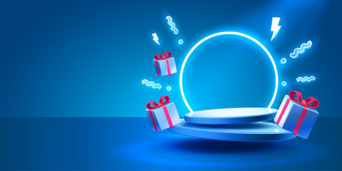 Wall Mural - gift scene mega sale, shopping podium banner, neon night pedestal. vector illustration