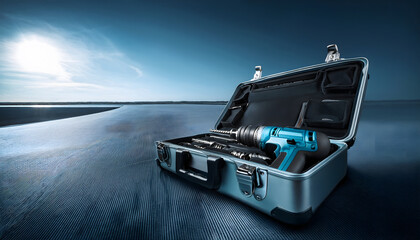 Poster - A blue power drill sits inside an open metallic case on a textured surface, against a bright sky and distant horizon