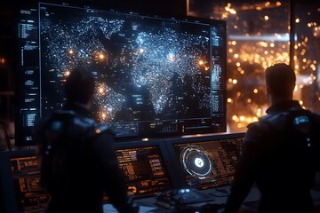 Two figures observing a world map displayed on a screen